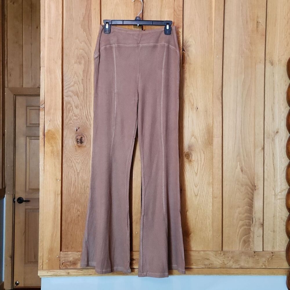Area Stars High Rise Ribbed Flare Leg Casual Stretch Pants, Medium, Brown